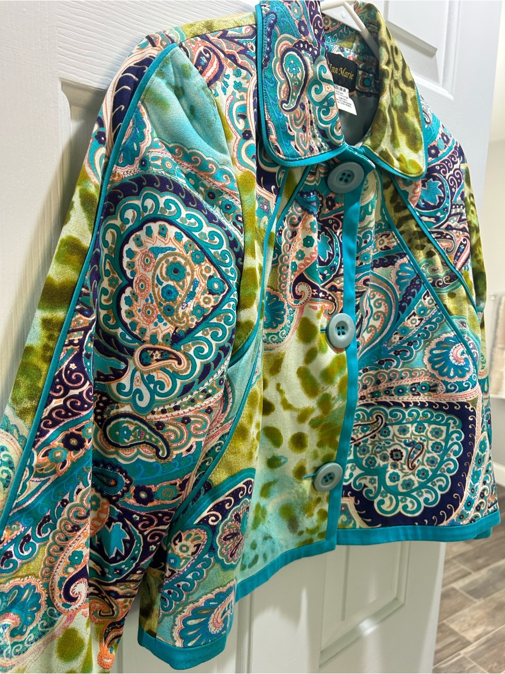 Ann Marie Paisley & Animal Print Crop Blazer Jacket Sz 6P Turquoise Green Mixed